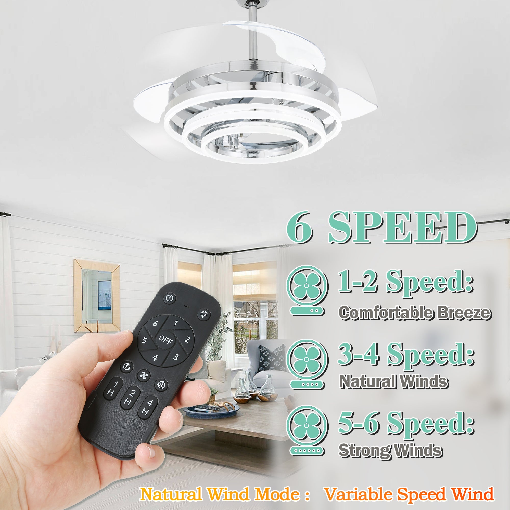 Oaks Aura 42 Inch Retractable Dimmable LED Ceiling Fan Light Remote 3-Color 6-Speed Chandelier