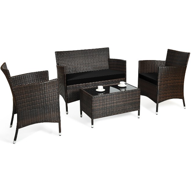 Tangkula 4 piece Patio Rattan Wicker Conversation Furniture Set Sofa Chair Table Set