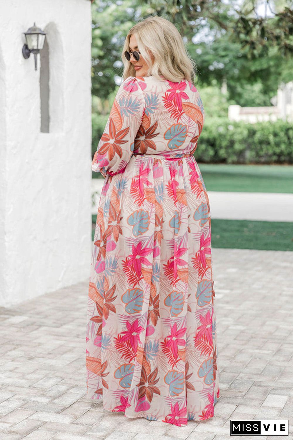 Multicolor Tropical Palm Print Tie High Waist Plus Size Maxi Dress