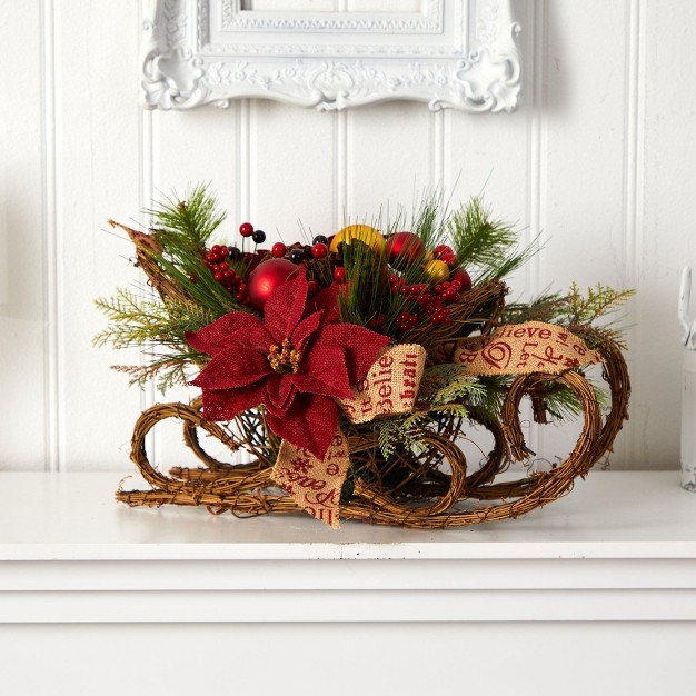 Nearly Natural 18-in Christmas Sleigh With Poinsettia， Berries And Pinecone Artificial Arrangement With Ornaments