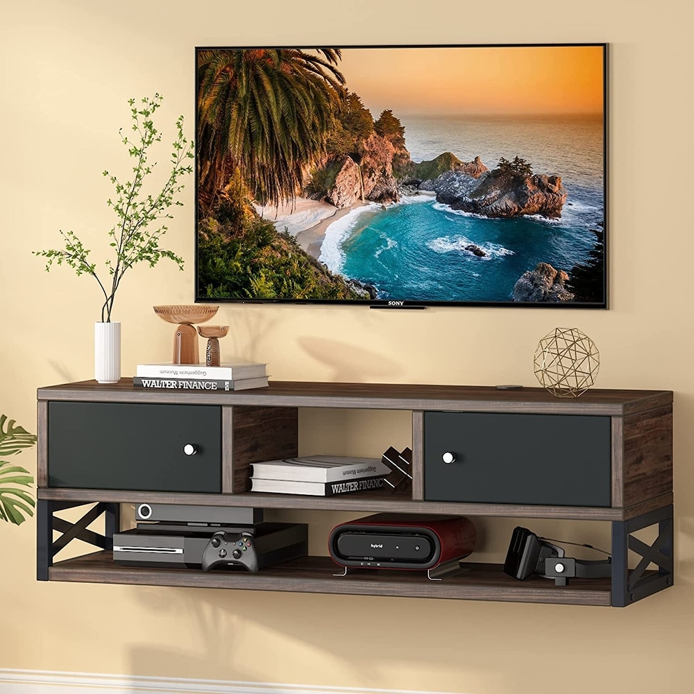 Floating TV Stand with Doors  3 Tier Media Console TV Floating Shelf