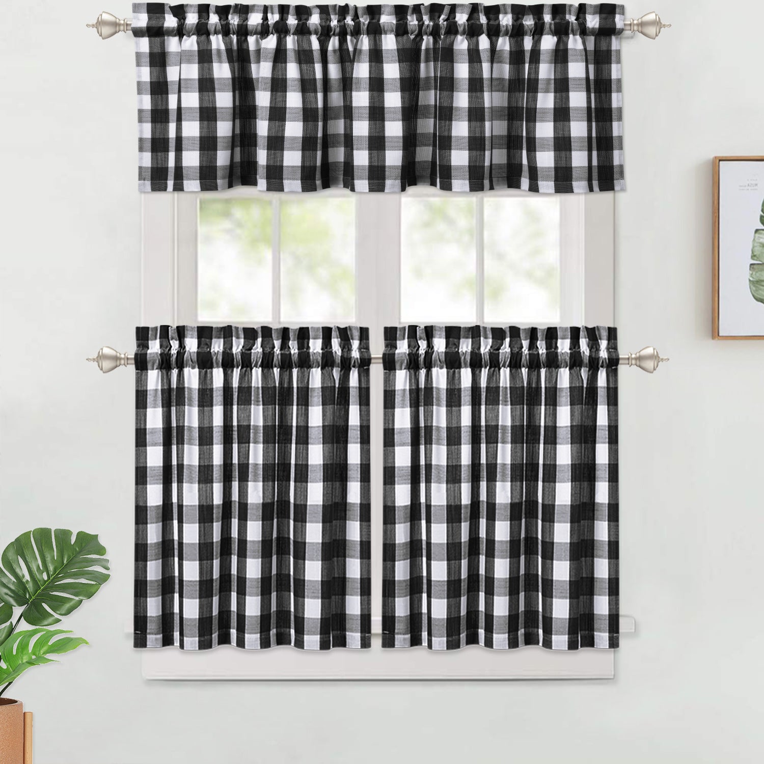 Haperlare Farmhouse Kitchen Curtains Buffalo Check Plaid Blackout Thick Yarn Dyed Cafe Curtain， Black/White， 28W x 24L 2 Panels