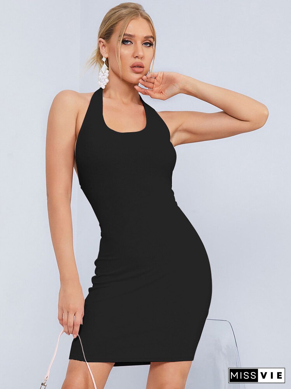 Solid Backless Tie Halter Mini Bodycon Sexy Dress