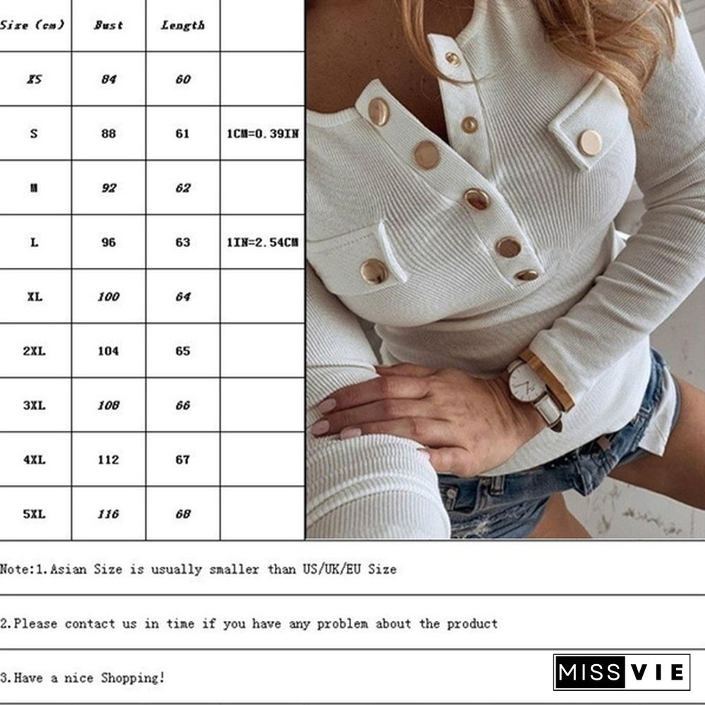 Autumn Winter Women's Long Sleeved Casual Button T-shirt Plus Size Tops Ladies Slim Fit Pure Color Tops