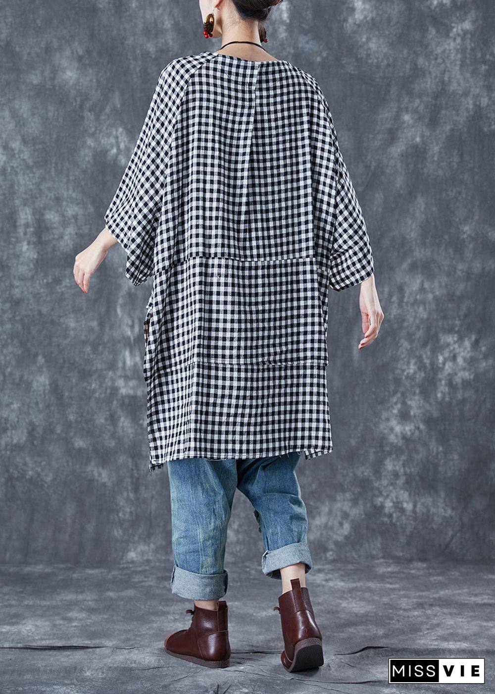 Grey Plaid Cotton Shirts Oversized Side Open Summer