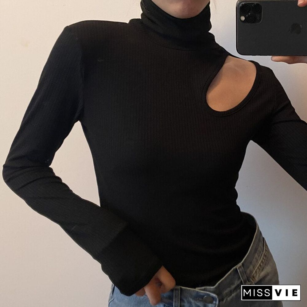 Toppies Sexy Skinny Turtleneck Top Woman Hollow Out Casual Long Sleeve T Shirt Skinny Spring Slim Tee Lady Clothes