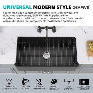 30 in. Apron Front Single Bowl Fireclay Farmhouse Kitchen Sink Black With Bottom Grid and Strainer ZFC3018-B1