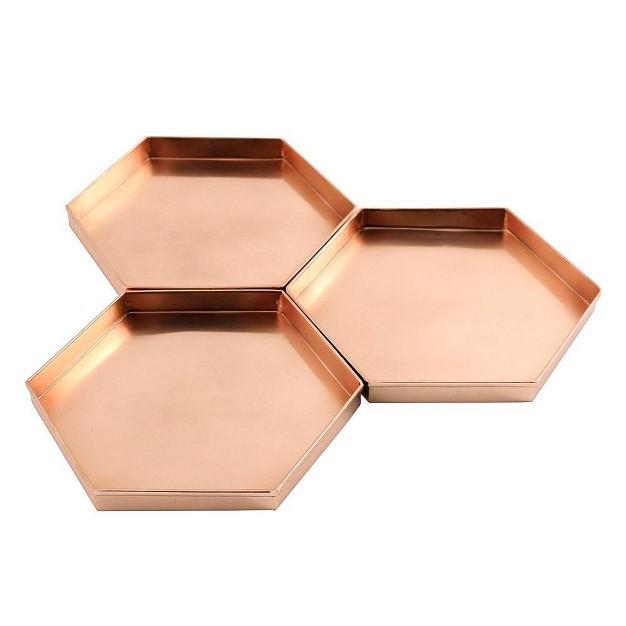 3pc Decorative Hexagonal Stainless Steel Trays Copper Plated Finish Achla Designs