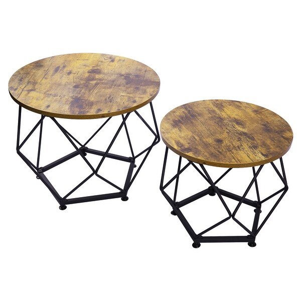 Brown Round Steel Outdoor Coffee Table Set of 2 with Wood Top