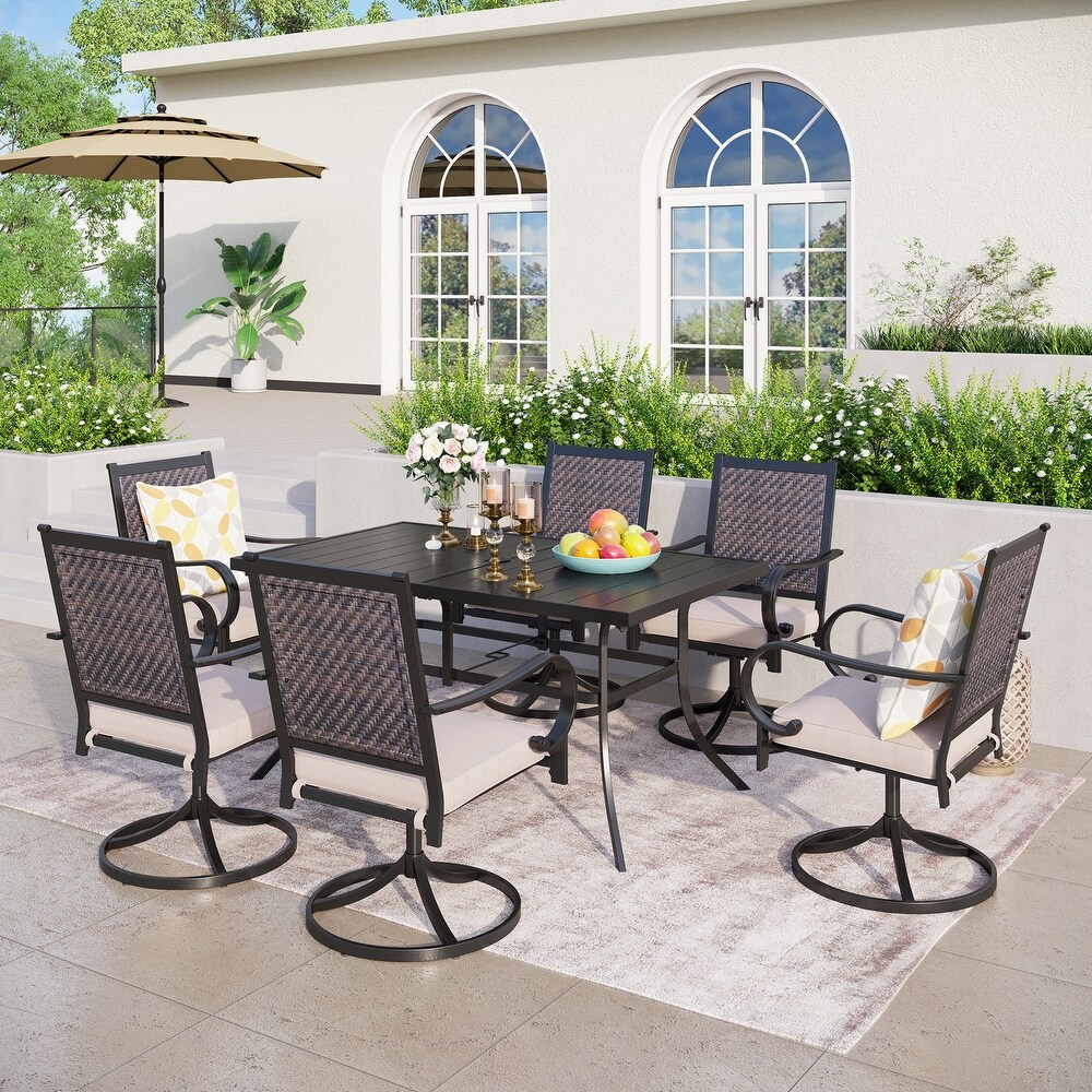 5/7 piece Patio Dining Set  4/6 Rattan Swivel Chairs with Cushion and 1 Metal Table with Umbrella Hole