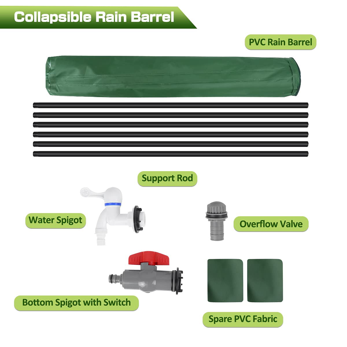 IOCOCEE 53 Gallon Collapsible Rain Barrel，Filtrable Portable Water Storage Tank，Garden Water Barrel with Drains and Taps(Green)