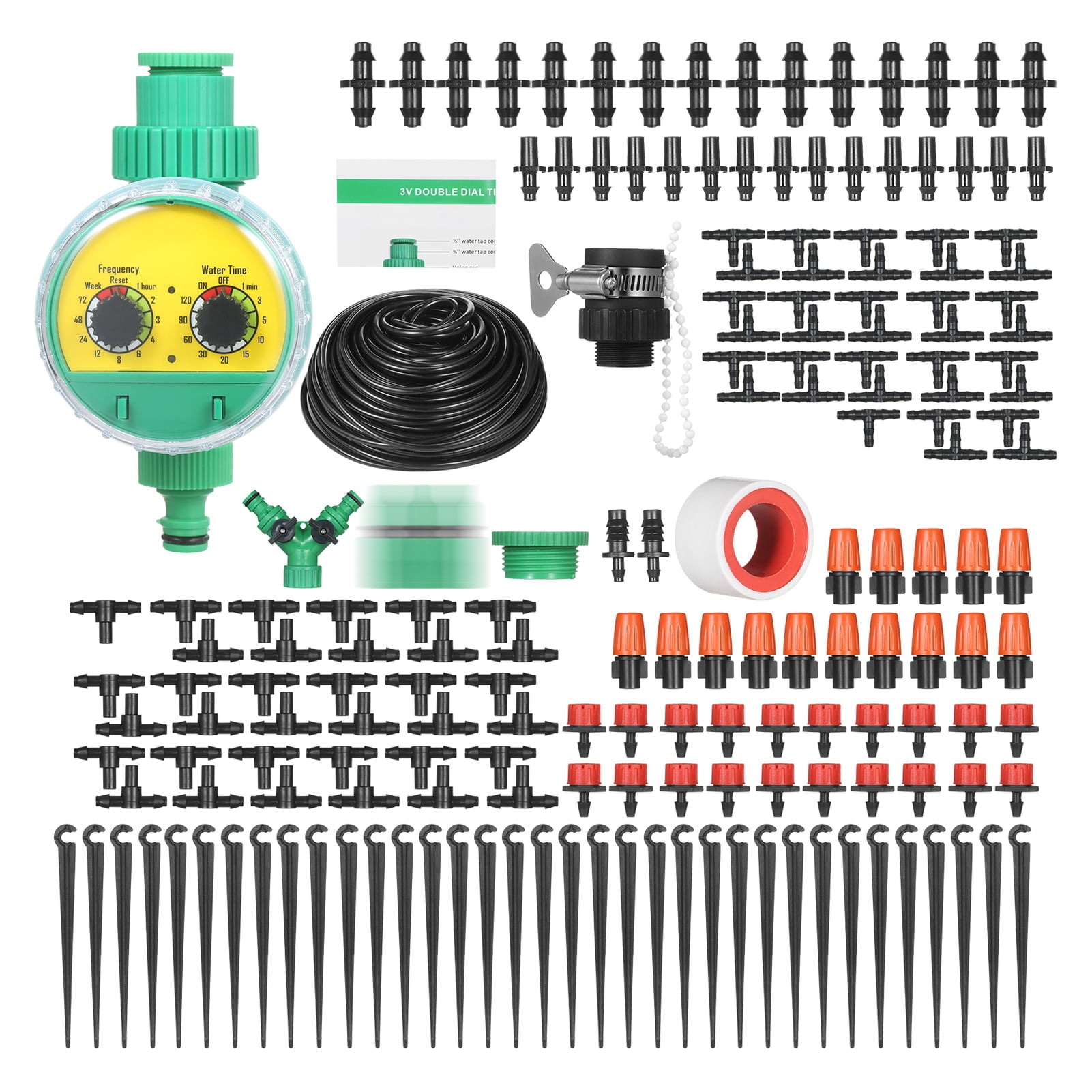 Carevas Plant Watering Drip Irrigation Kit DIY Watering System with Electronic Automatic Irrigation Timer Nozzles Misters Drippers 40 Meters Tubing for Garden Lawn Patio