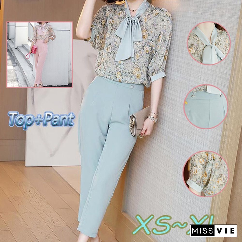 Korean Fashion Suit Female Chiffon Printed Shirt Top And Pants Summer Two Piece Set Ol Women Sets Casual Elegant Outfit