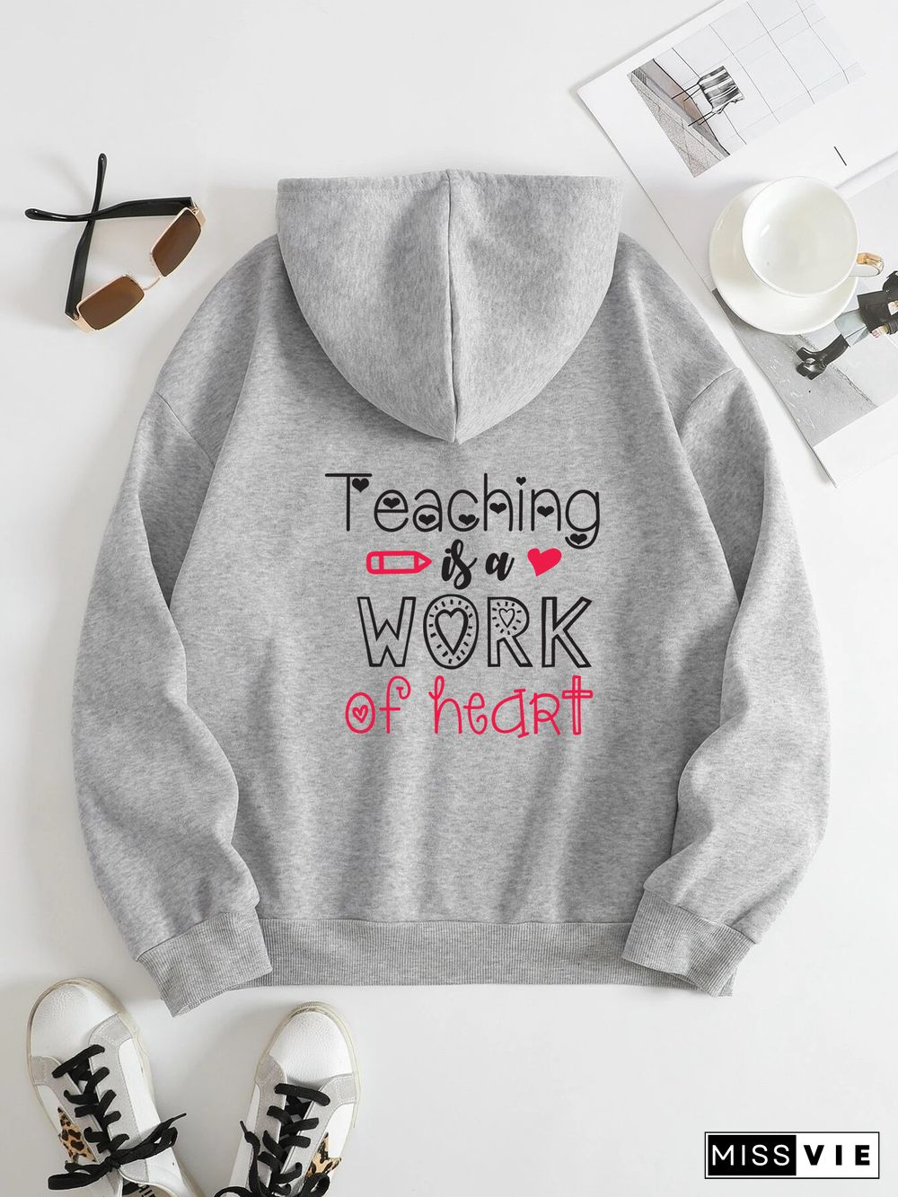 Printed on the Back Kangaroo Pocket Hoodie Long Sleeve for Women Pattern Teaching work of heart