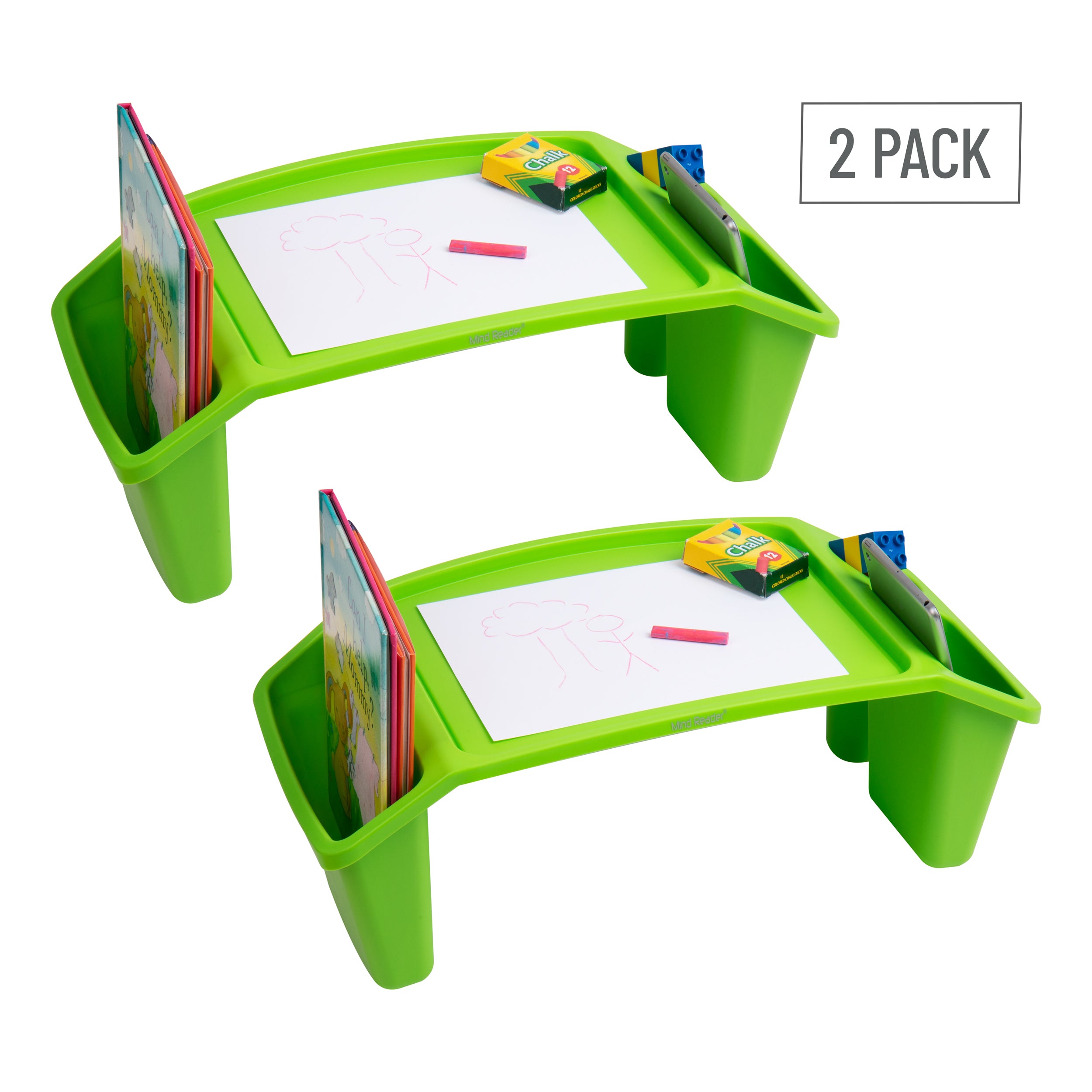 Mind Reader Kids’ Lap Desk, Freestanding Portable Table with Side Pockets for Coloring Books, Tablets, Toys, Reading, Snacks, Plastic, Green, 2-Pack