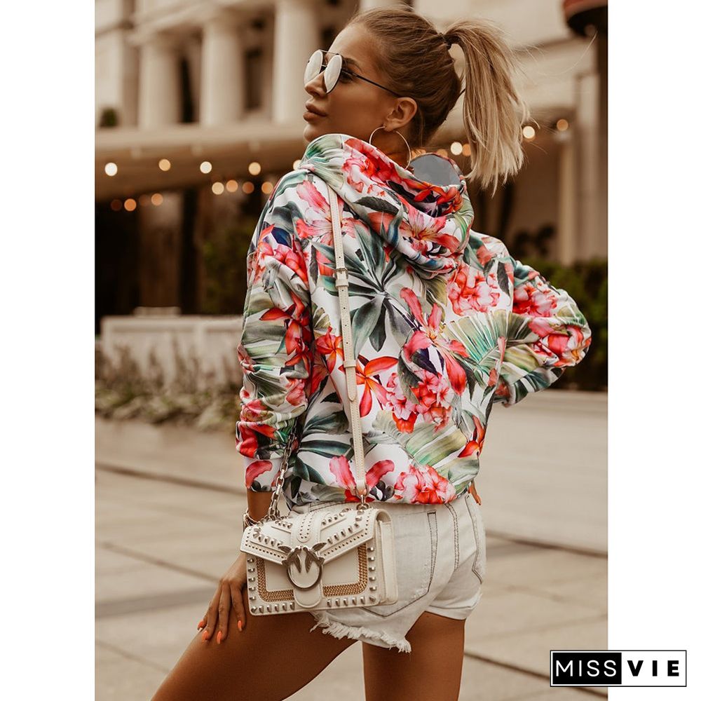 Casual Long Sleeve Floral Sweatshirt Hooded Top