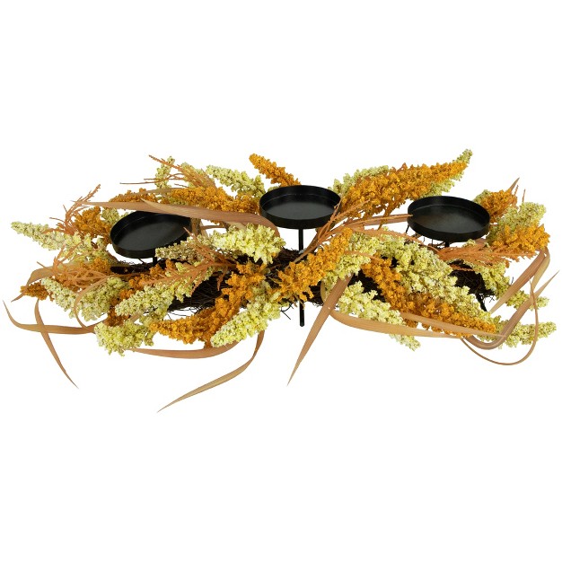 Autumn Harvest Triple Candle Holder With Artificial Fall Foliage