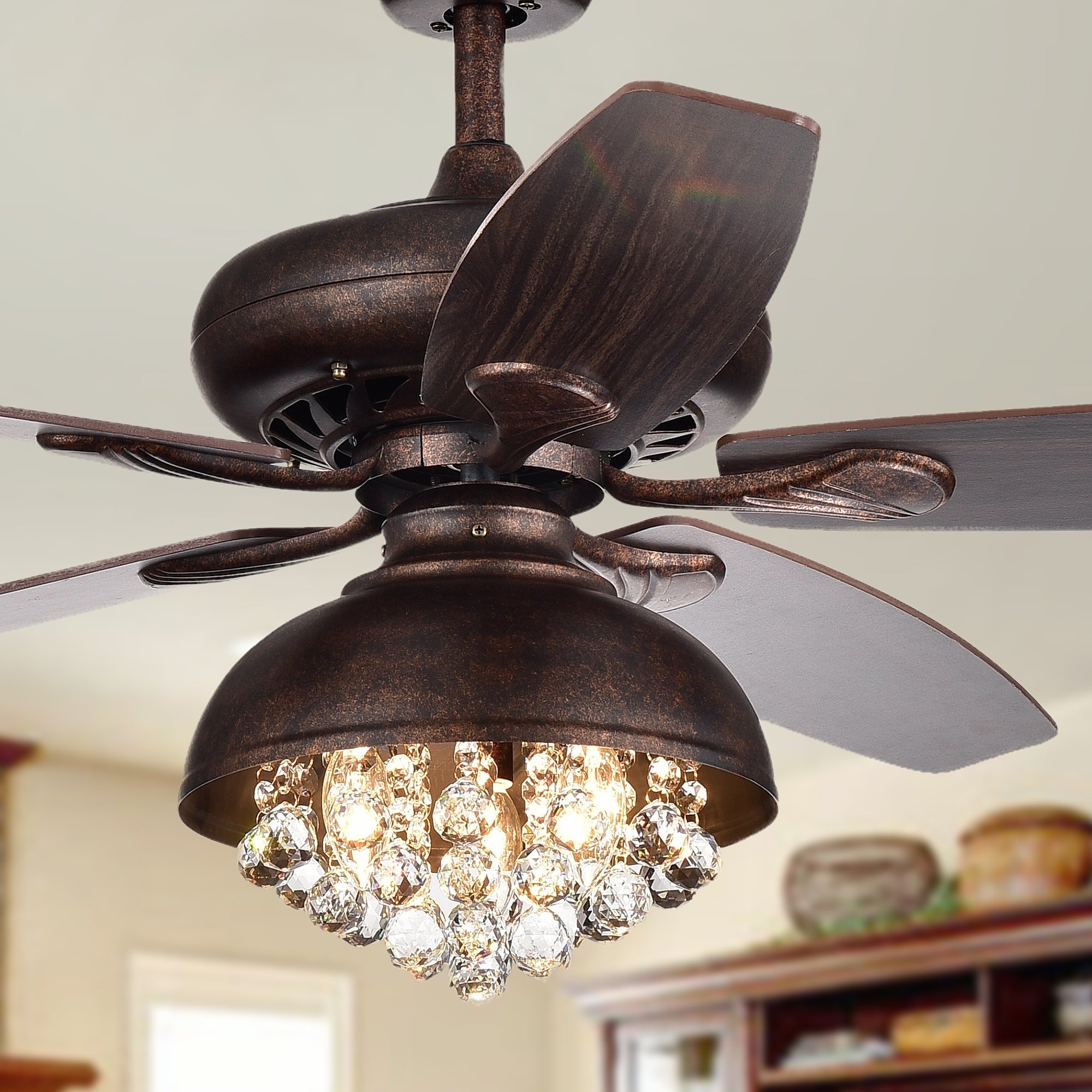 Fredix 5-Blade 52-Inch Speckled  Bronze Ceiling Fan with Hooded Crystal Chandelier (Remote Controlled and 2 Color Option Blades) Shopping - The Best Deals on Ceiling Fans | 27775531