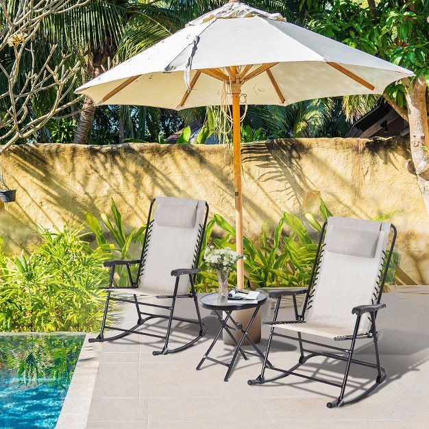 Outsunny 3 Piece Outdoor Rocking Bistro Set Patio Folding Chair Table Set With Glass Coffee Table For Yard Patio Deck Backyard