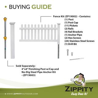 Zippity Outdoor Products 3 ft. x 6 ft. Newport Picket Fence WPost and No-Dig Steel Pipe Anchor Kit ZP19002