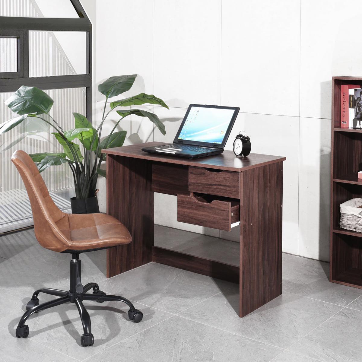 SUGIFT Computer Desk Writing Study Table Office Table With 2 Side Drawers Classic Home Office Laptop Desk Brown Wood Notebook Table  Crowdfused