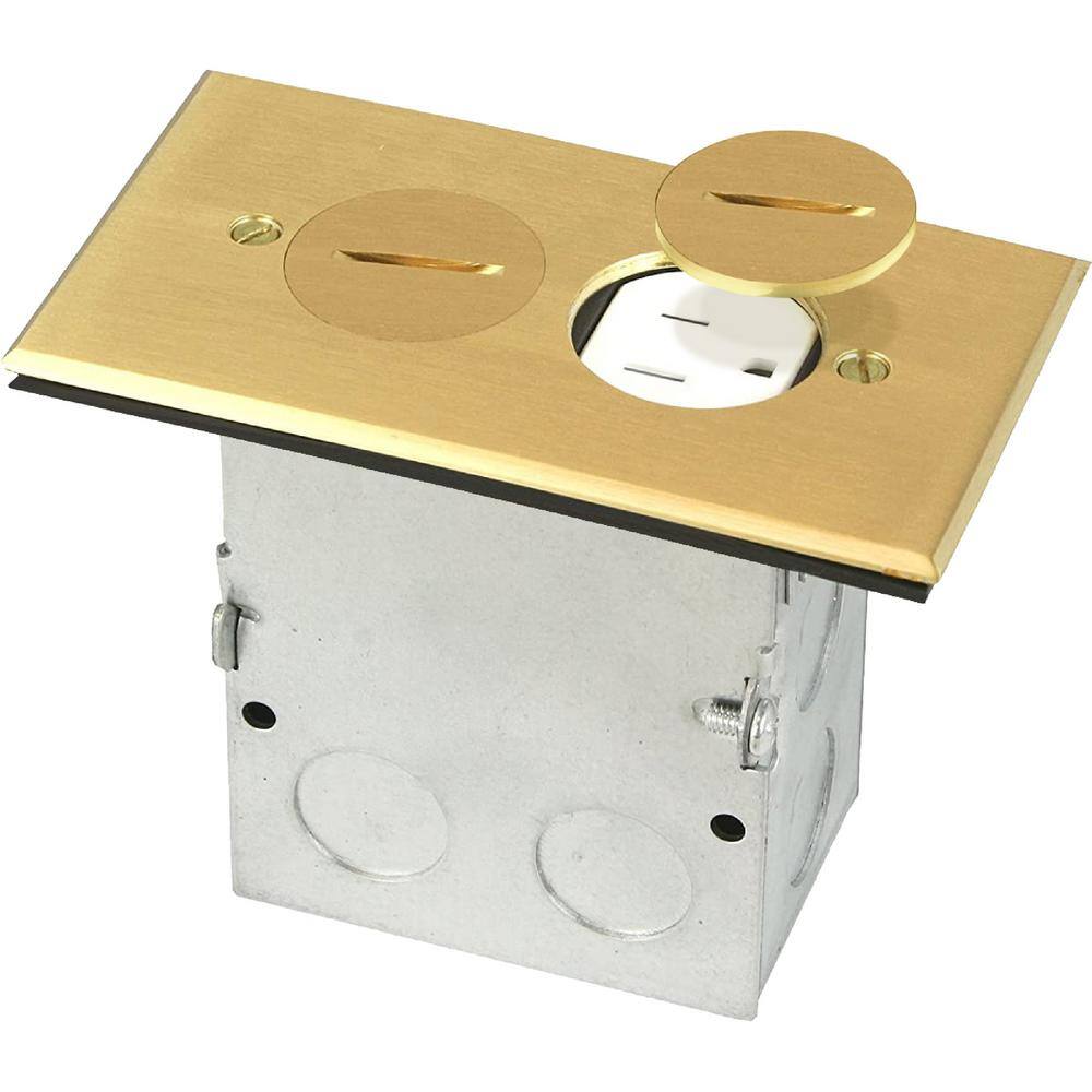 NEWHOUSE ELECTRIC Floor Box Kit with Screw Caps Electrical Box for Wood Sub-Flooring with 15A TR Duplex Receptacle Brass 9800BR