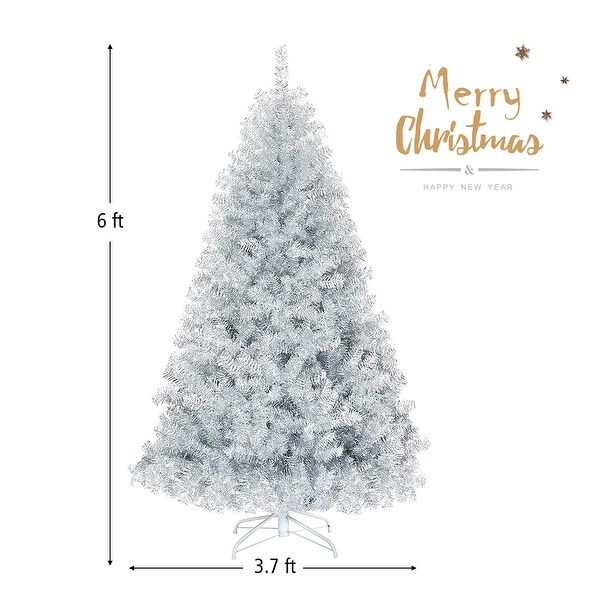 Gymax 6 FT Silver Tinsel Christmas Tree Artificial Hinged Tree Holiday