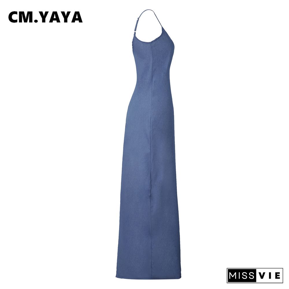 CMYAYA Women Summer S-3XL Denim Sexy Maxi Dress Party Club Outside Loose Long Strap Sleeveless Dresses Outfits