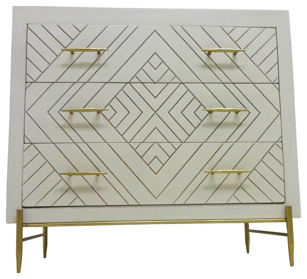 Perez 3 Drawer Solid Wood Chest in Ivory Finish on Brass Finished Iron Base   Midcentury   Accent Chests And Cabinets   by Moti  Houzz