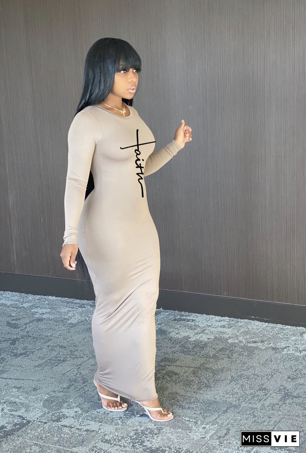 Letter Full Sleeve Skinny High Waist Maxi Dress