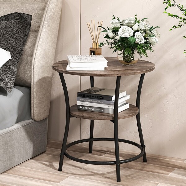 Gymax 2-Tier Side Table Compact Round Metal Frame Coffee Table w/ Open