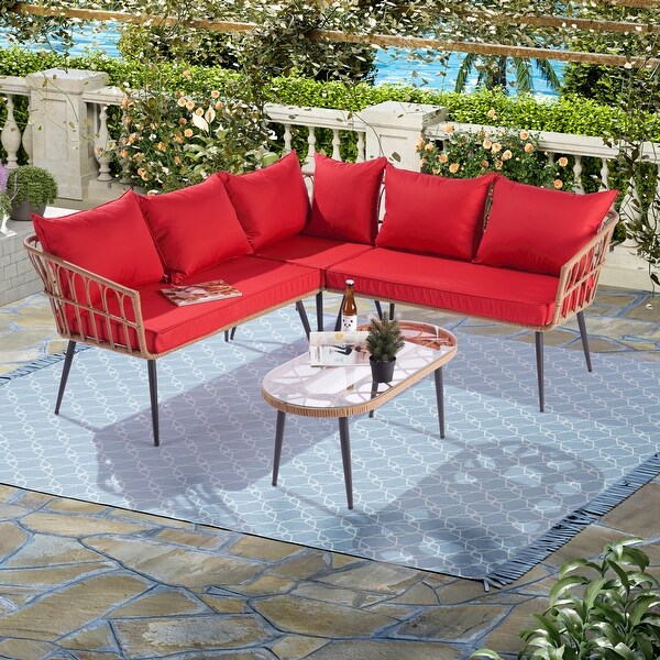 4 Pieces Patio Furniture Set， Outdoor Rattan Conversation Sectional L-Shaped Cushions Sofa with 5 Seater and Coffee Table - Overstock - 37928679