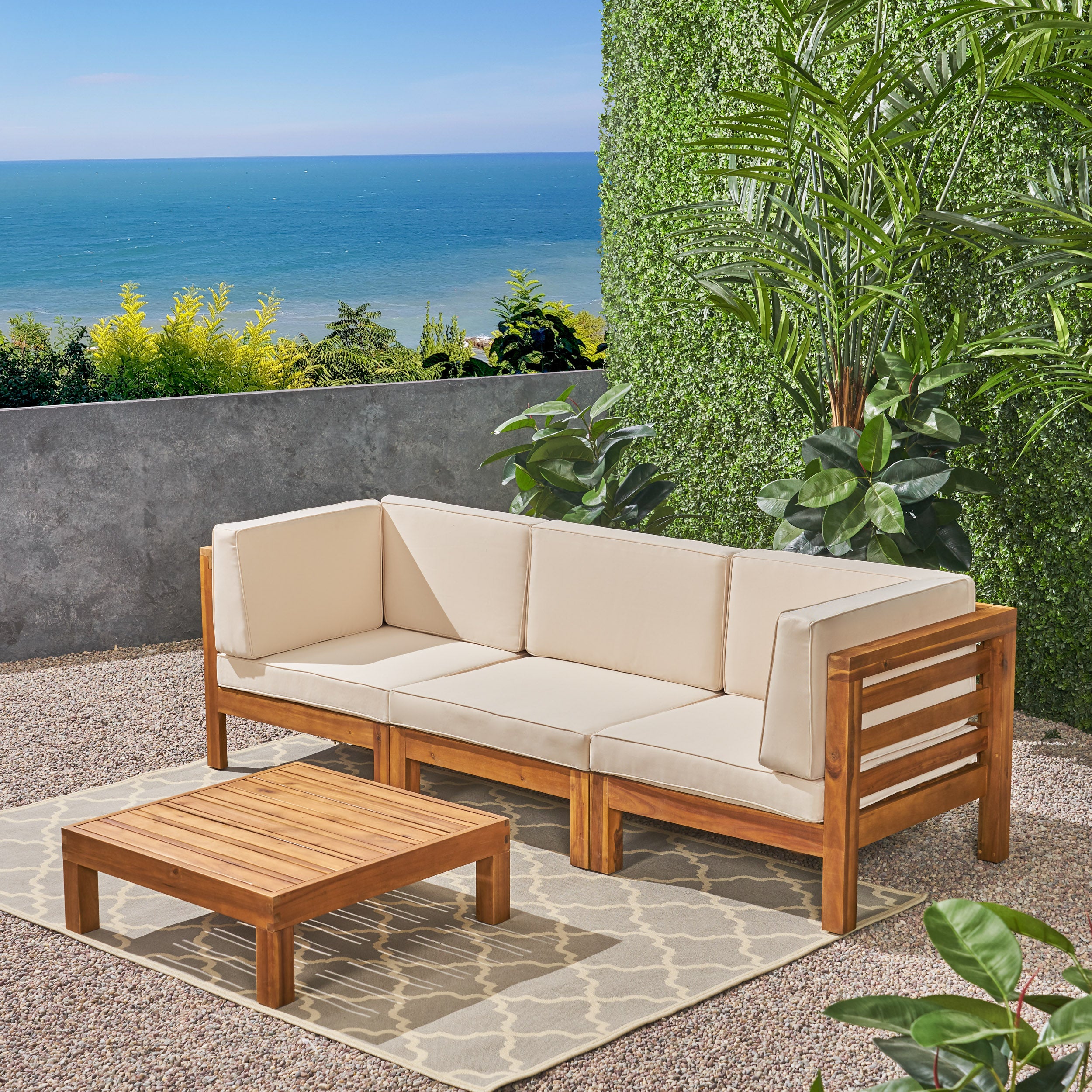 Dawson Outdoor Sectional Sofa Set with Coffee Table - 4-Piece 3-Seater - Acacia Wood - Outdoor Cushions