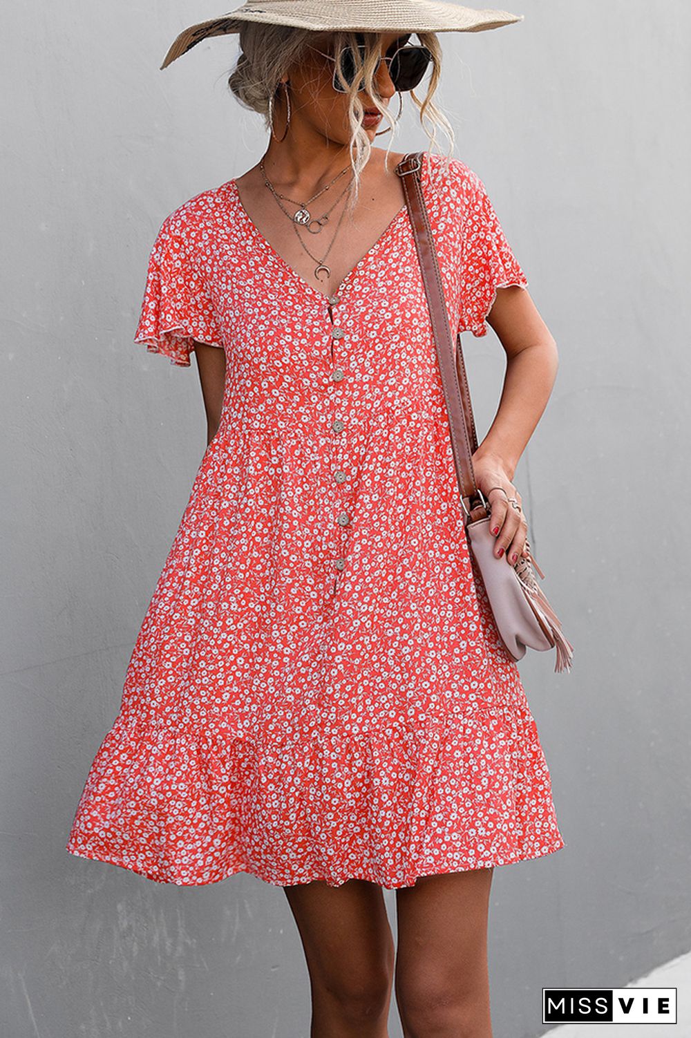 Ruffle Sleeves V Neck Floral Dress Wholesale