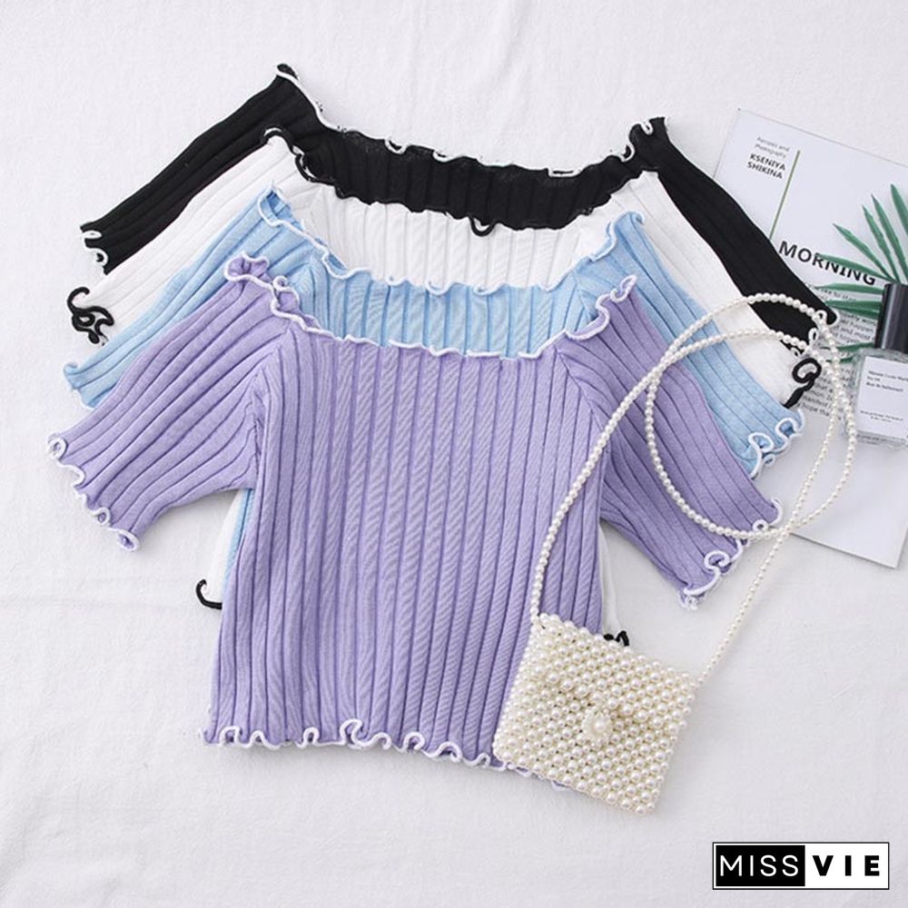 Heliar Women Off Shoulder T-Shirts Knitted Ruffles Hem Crop Tops Short Sleeve T-Shirts For Women Summer Tops Female