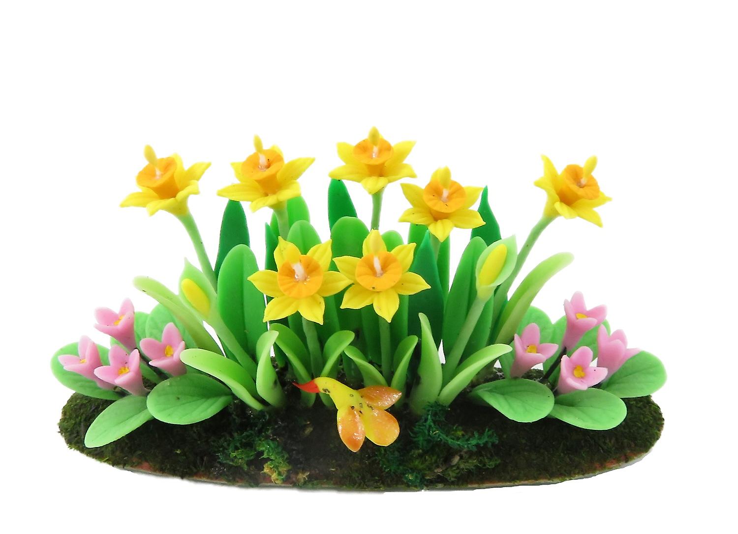 Dolls House Daffodils andamp; Polyanthus Flowers In Ground Soil Grass Garden Accessory