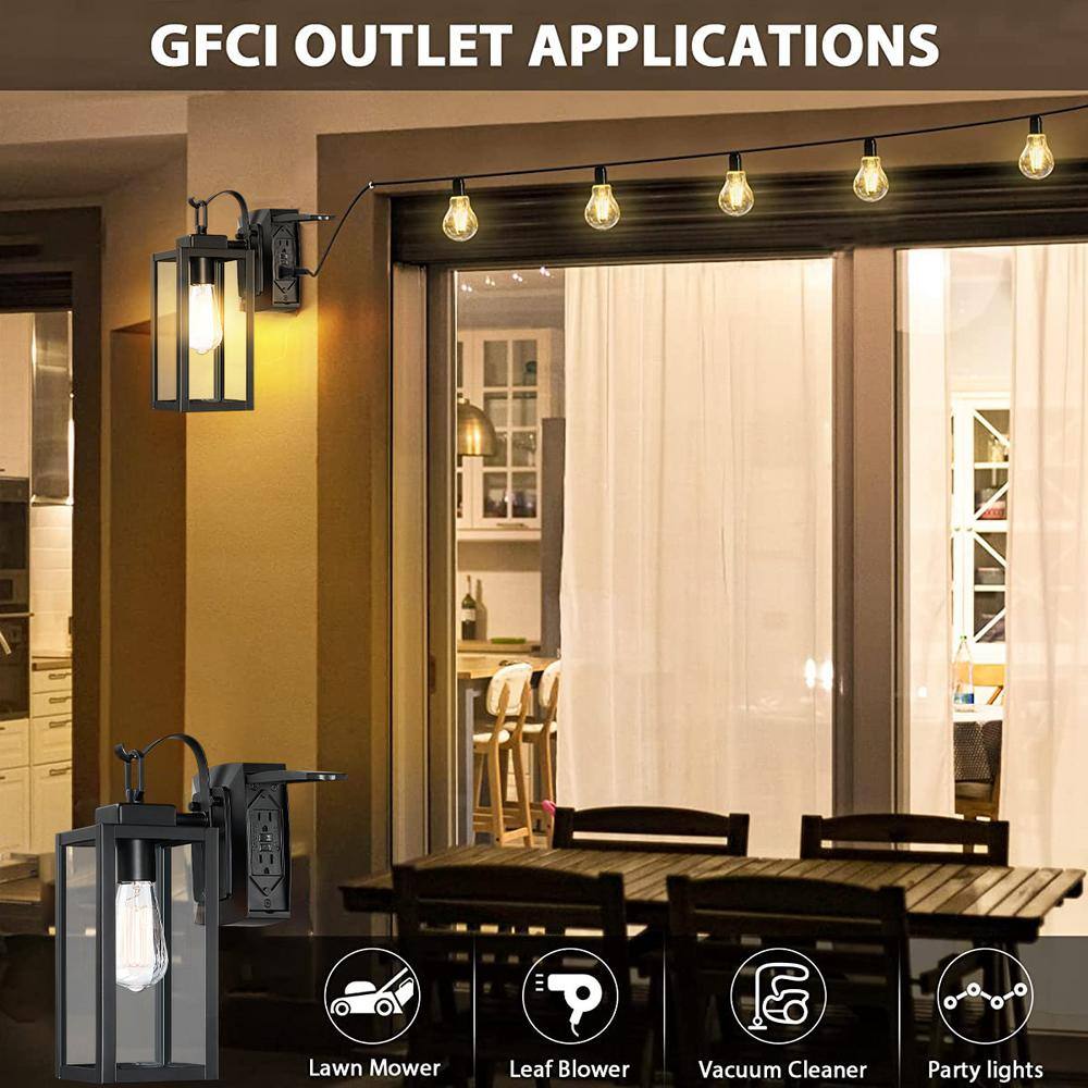 Uixe 1-Light Matte Black Light Outdoor Wall Lantern Sconce with Clear Glass and Built-In GFCI Outlets SSL-12151-GFCI