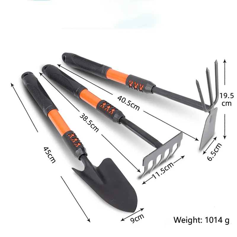 New Design Carbon Steel Hand Plastic Handle 3 Piece Garden Hoe Rake Gardening Tool Set Kit With Extended Handle