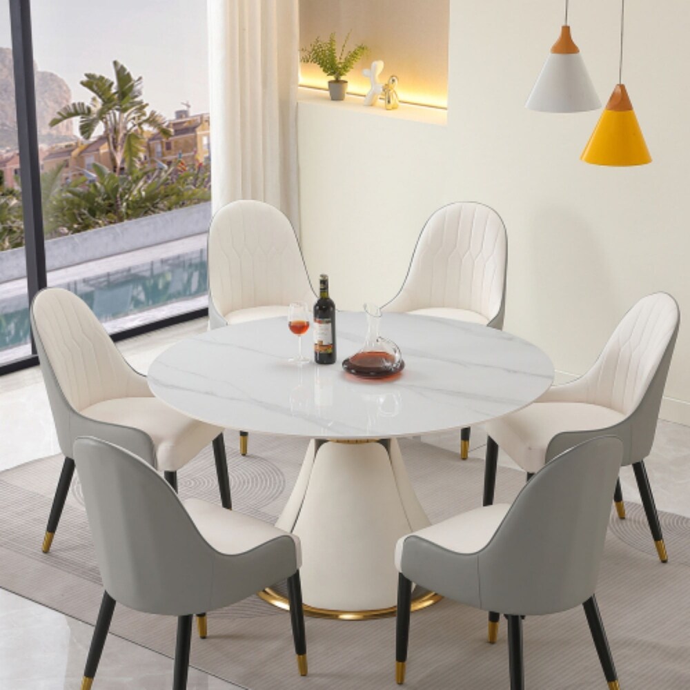 53in Modern Gold Round Dining Table Set with Stainless Steel Base with 6 pcs Chairs