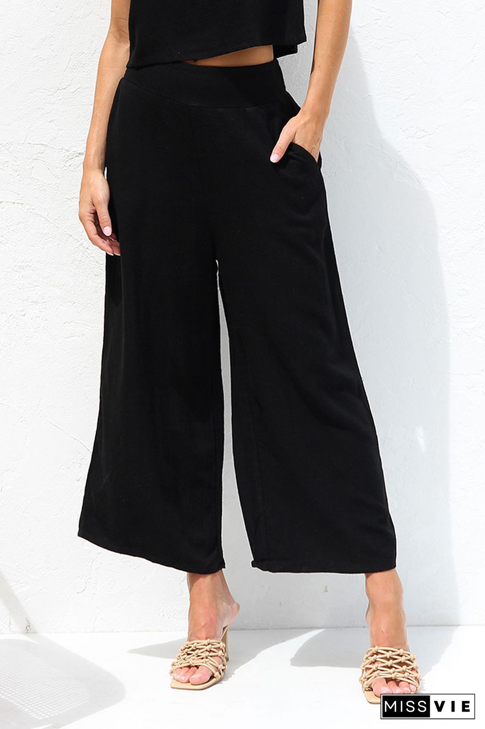 Plain Lien Tank Top With Wide Leg Pants 2pcs Set