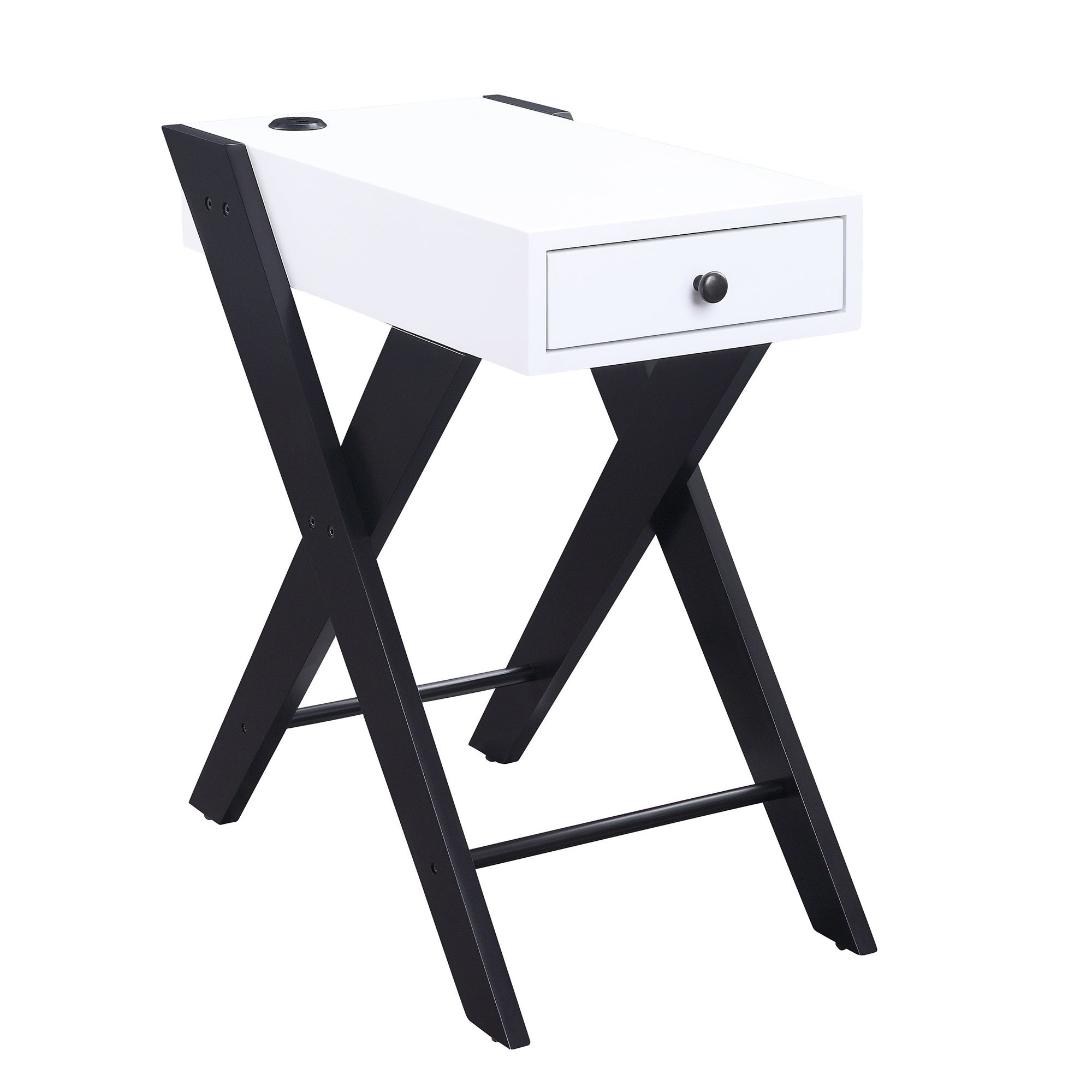 Wooden Frame Side Table with X Shaped Legs and 1 Drawer， White and Black