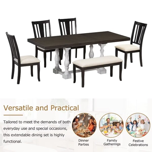 Extendable Dining Table Set with Removable Leaf，Padded Chairs and Bench