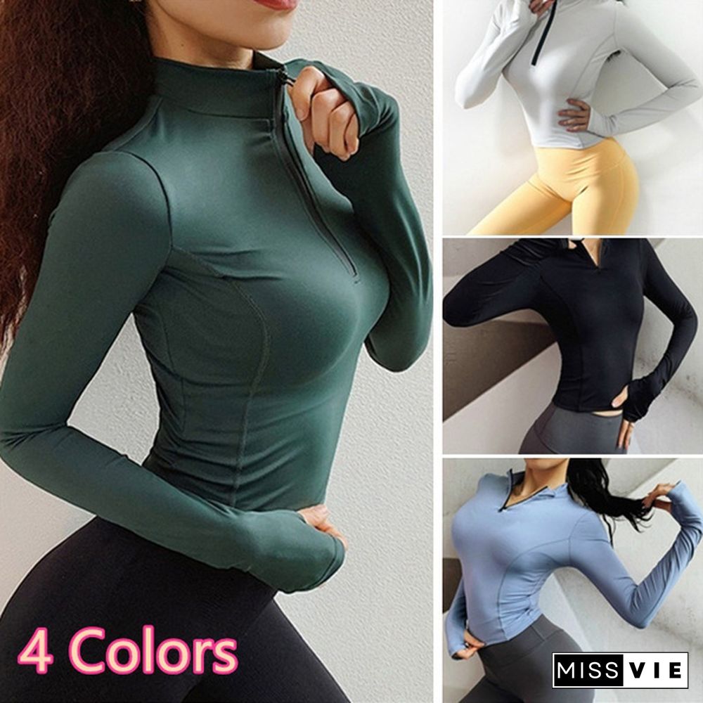 Fashion Women Slim Long Sleeve Casual Yoga Zipper T-shirts Ladies Sports Tight Shirts Blouse