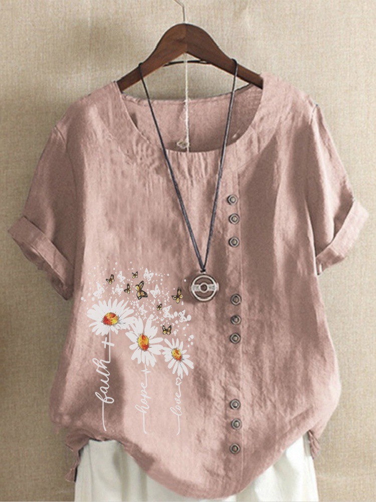 Round Neck Casual Loose Marguerite Flower Print Short Sleeve Blouse