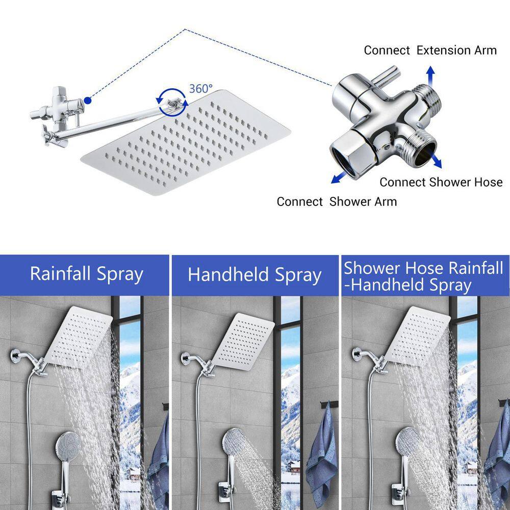 YASINU 7-Spray Patterns 10 in. Wall Mount Square Rain Dual Shower Heads with Hand Shower in Chrome YNMYTH00041CH