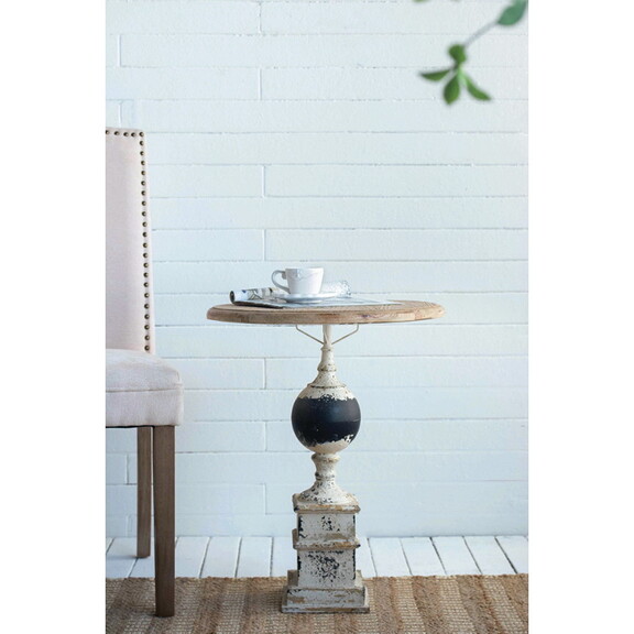 24x28.5 Round Wooden Carved Table  Distressed Whi...