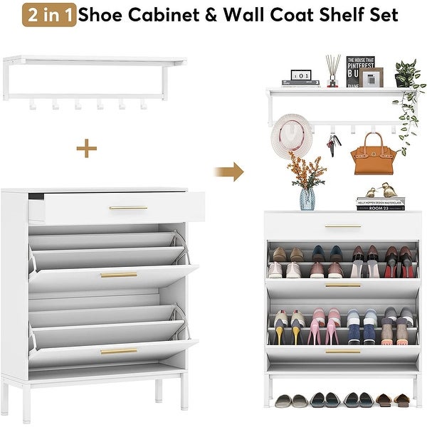 Shoe Cabinet Flip Drawer and Wall Mounted Coat Shelf Set - - 36100544