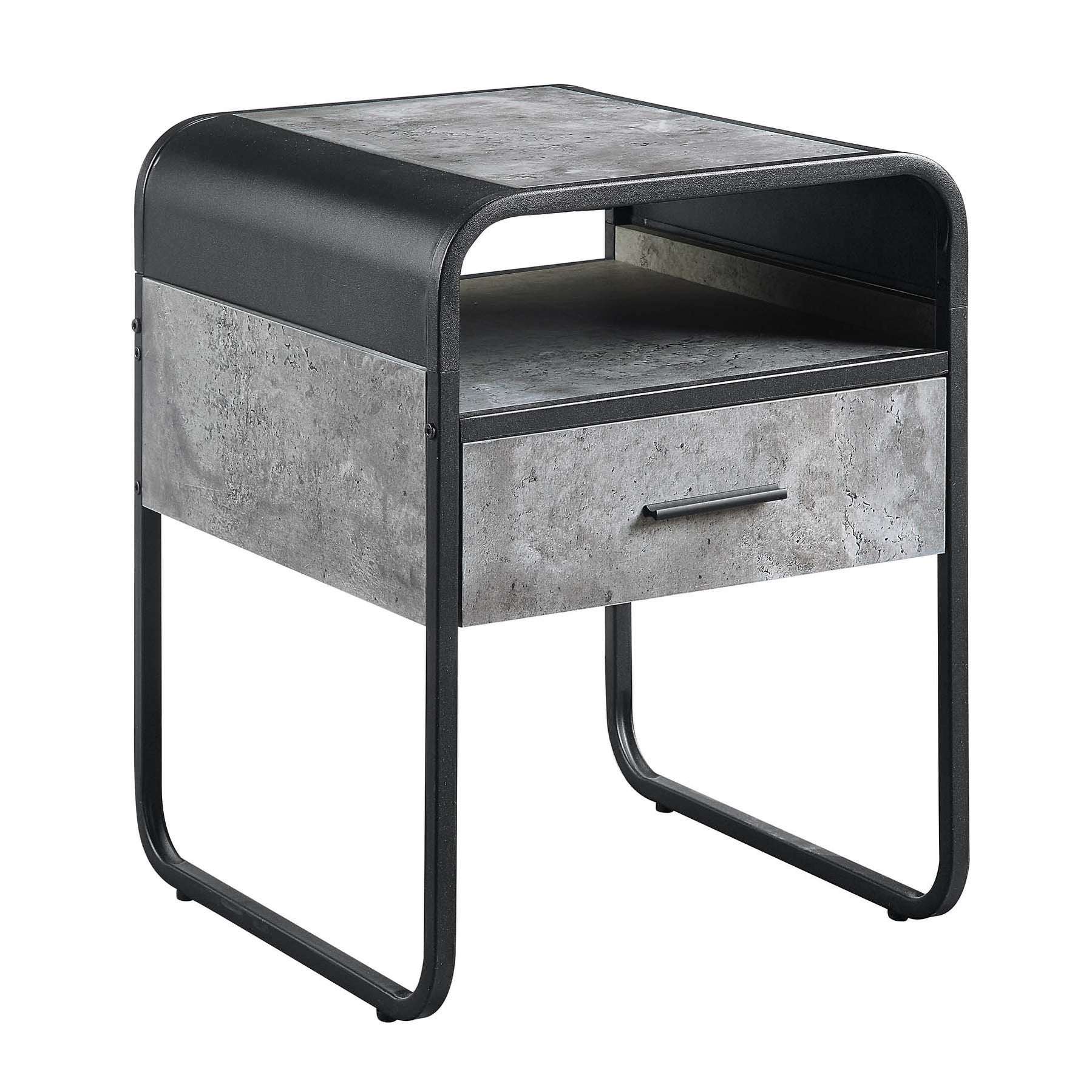 1 Open Shelf and 1 Drawer Square End Table with Metal Frame in Concrete Gray and Black