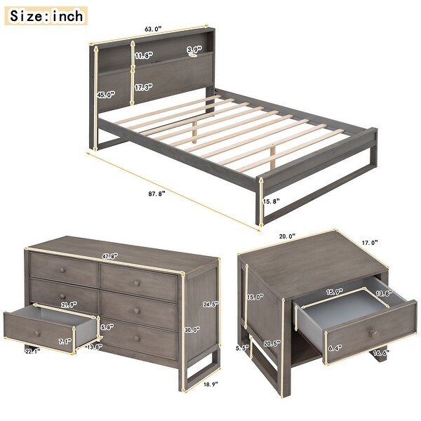 3-Pieces Bedroom Sets Queen Size Platform Bed with Nightstand and Dresser - - 37542566