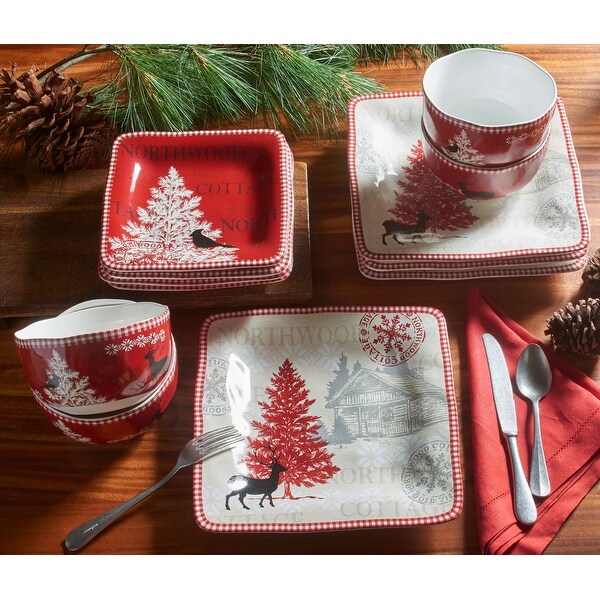 222 Fifth Northwood Cottage 12 Piece Dinnerware Set，Red